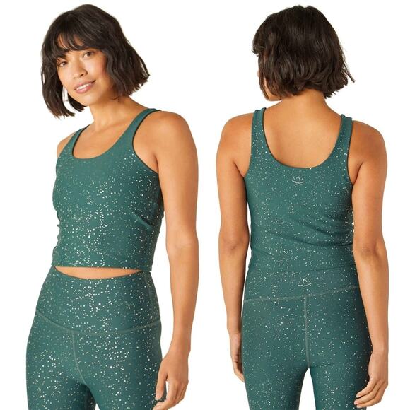 BEYOND YOGA Keep It Simple Cropped Yoga Tank Size Large Green / Sparkle Gold - Picture 1 of 7